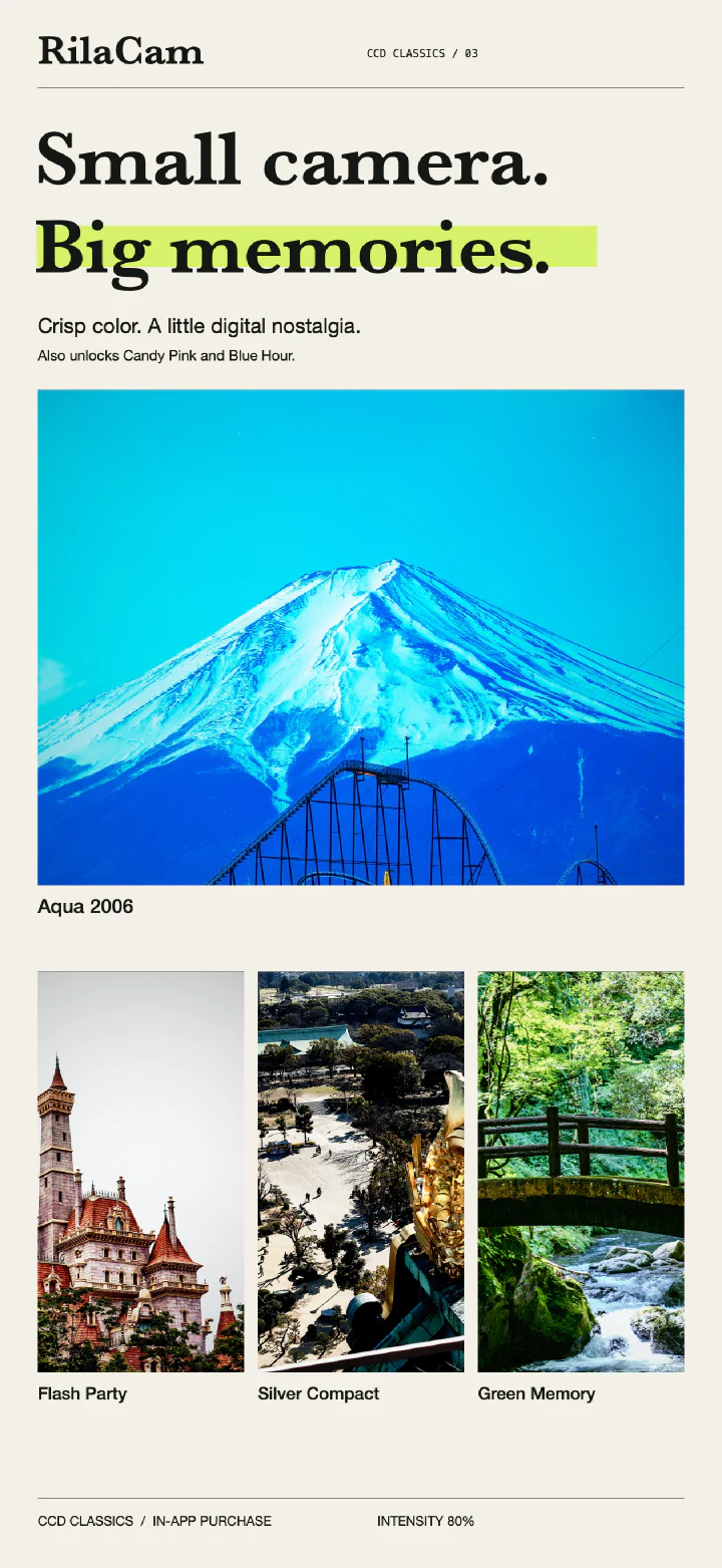 CCD Classics 濾鏡展示:Aqua 2006 富士山、Flash Party 城堡、Silver Compact 寺院與 Green Memory 綠色溪流