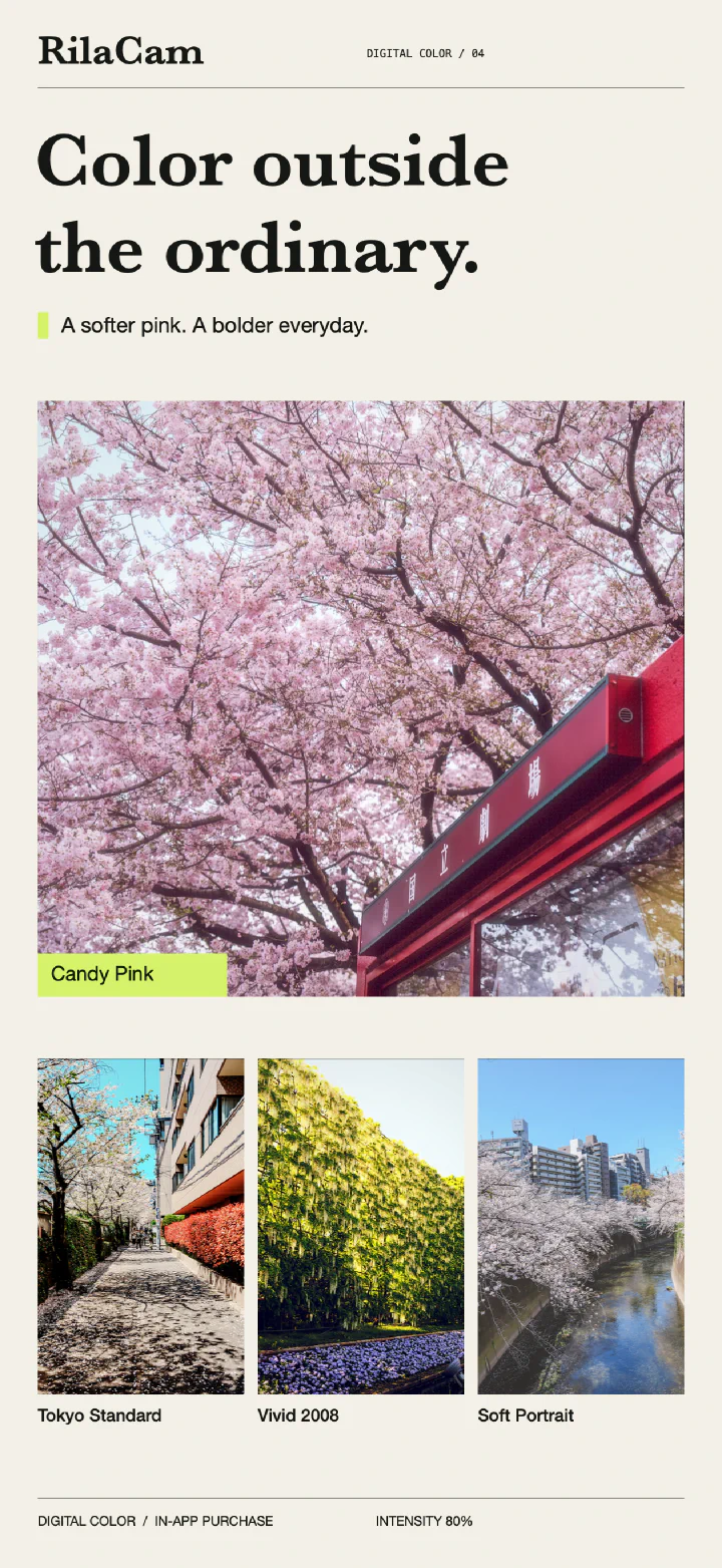 Digital Color 濾鏡展示:Candy Pink 粉色櫻花、Tokyo Standard 街道、Vivid 2008 花園與 Soft Portrait 河岸