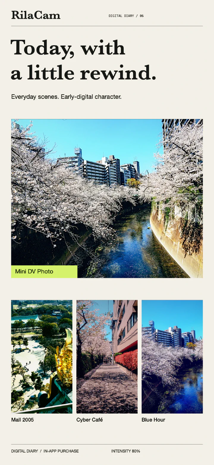 Digital Diary 濾鏡展示:Mini DV Photo 櫻花河岸、Mall 2005 寺院廣場、Cyber Café 街道與 Blue Hour 藍調河岸